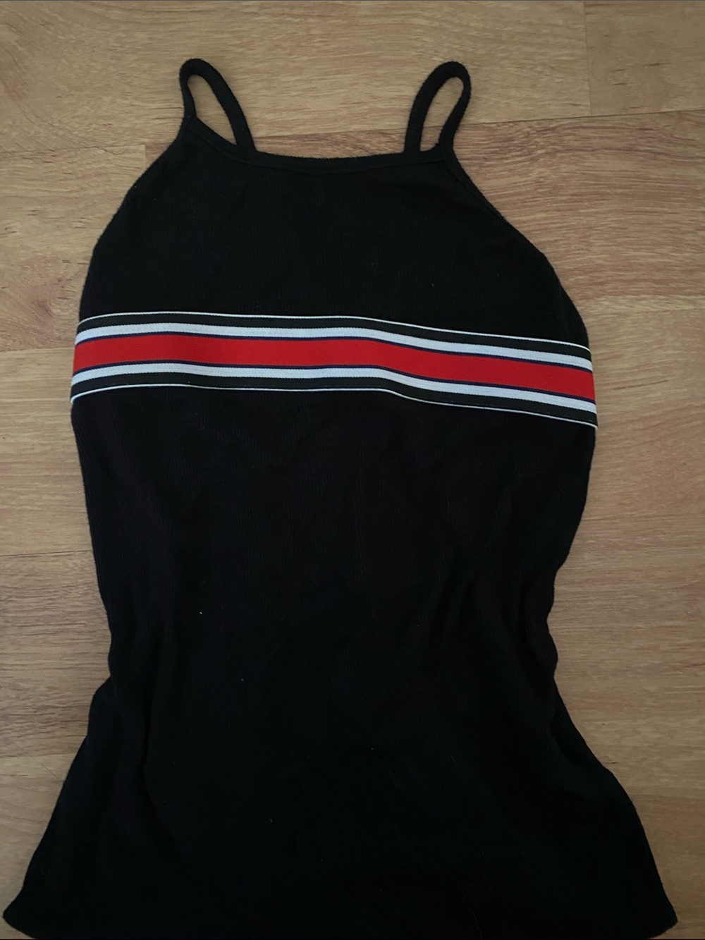 Black Ribbed Tank Bodysuit with Red Stripe